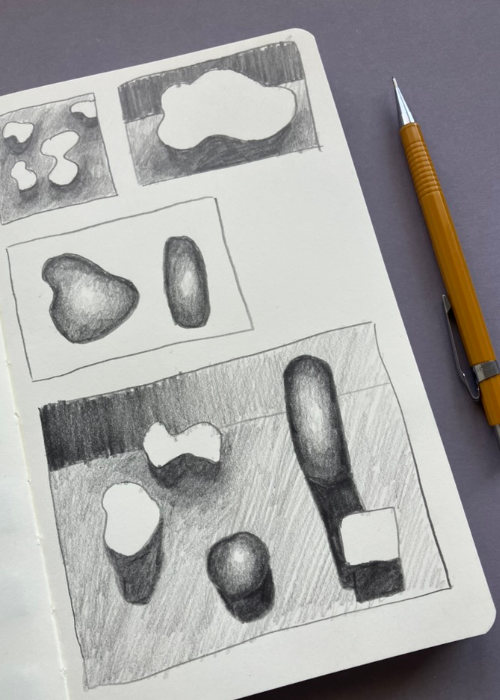 Hell Dunkel Studie mit Bleistift. Übung zur Wirkung von Licht, Schatten und Kontrasten.