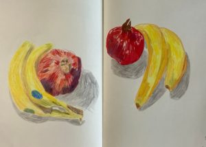 Doppelseite aus einem Skizzenbuch mit zwei Bananen und einem Granatapfel - Übung aus dem Zeichenkurs für Selbstzweifler zum Beobachten und Zeichnen von Formen