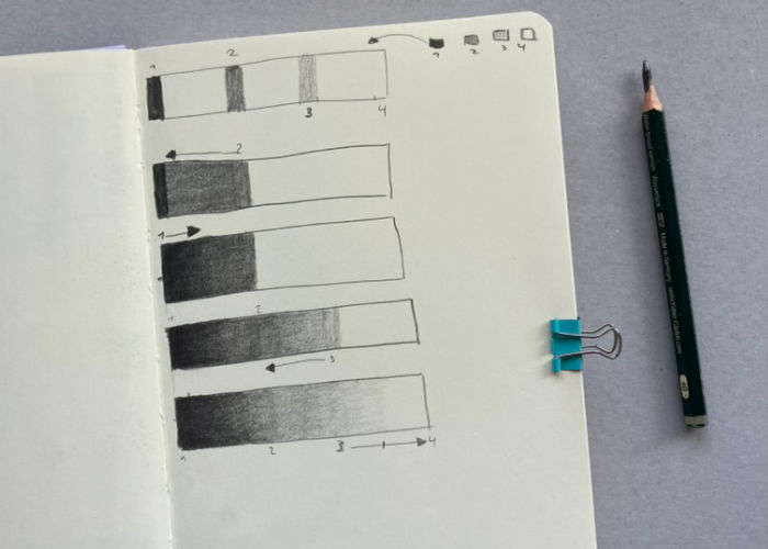 Tonwertübergänge mit dem Bleistift zeichnen als grundlegende Übung im Zeichenkurs für Anfänger.